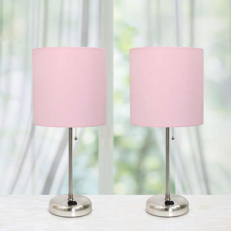 Brushed Steel and Tan Fabric Shade Table Lamp Set with Charging Outlet
