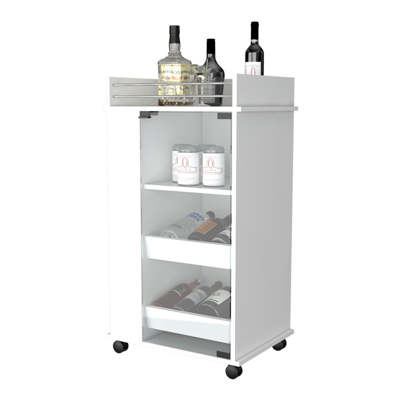 Willow Park Glass Door Bar Cart with Bottle Holder and Casters, White