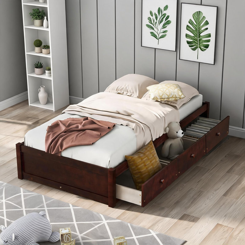 Twin Size Solid Wood Platform Storage Bed With Three Built-In Drawers For Kid And Teen Bedroom Use