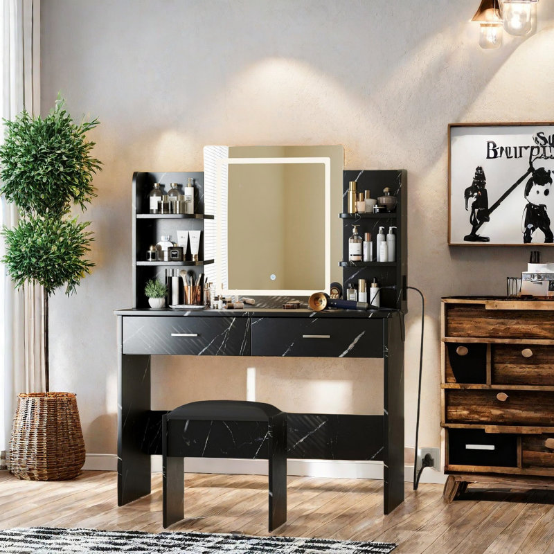 Vanity Desk With Lighting Mirror And Power Outlet, Makeup Vanity Set With Stool, Vanity Table With 6 Storage Shelves, 2 Large Drawers, 3 Color Adjustable Brightness