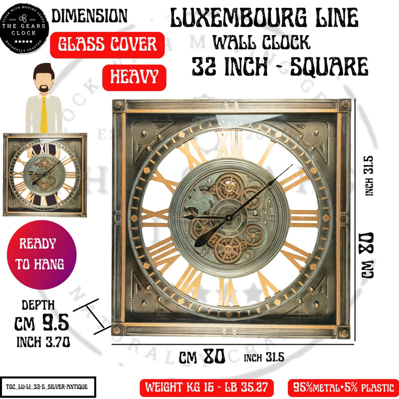 THE GEARS CLOCK Wall Clock with Real Moving Gears LU-LI_ 32 in Square SILVER-ANTIQUE
