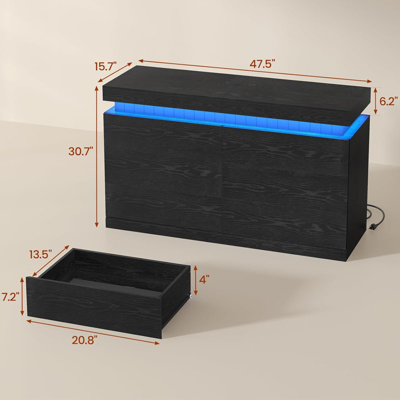 6 Drawer Dresser With Power Outlet, Modern Chest Of Drawers With Led Lights, Black
