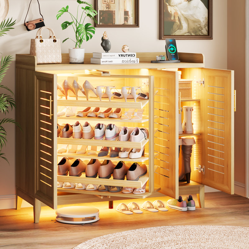 5-Tier Shoe Cabinet with Rotating Shoe Rack, Adjustable Shelves and Tri-Color Sensor Light, Freestanding Shoe Storage Cabinet
