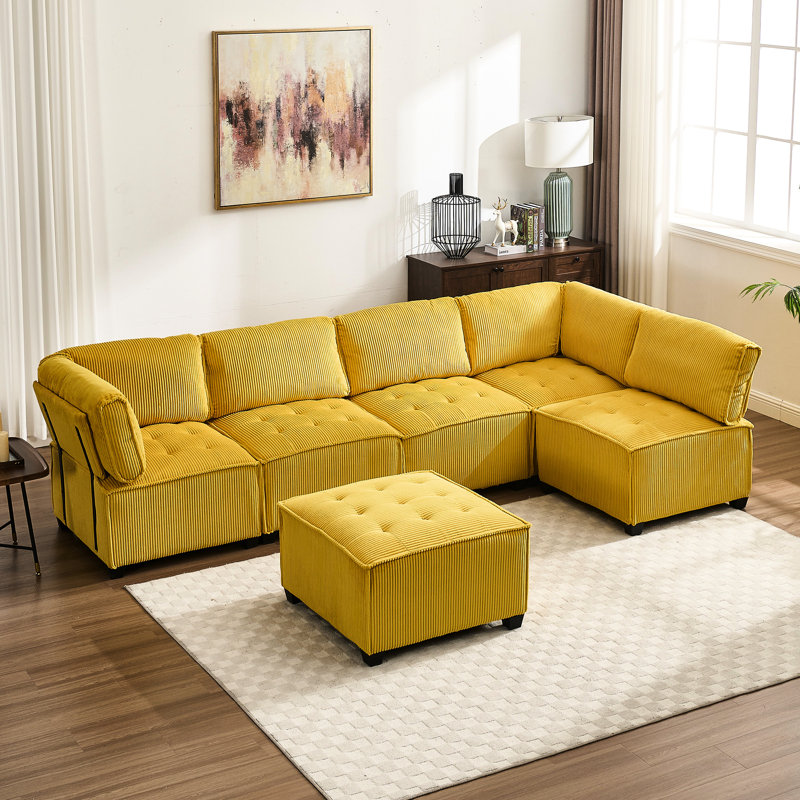 Canapé modulaire de luxe, 6 pièces, mousse à rayures, velours côtelé jaune, salon, Jaune