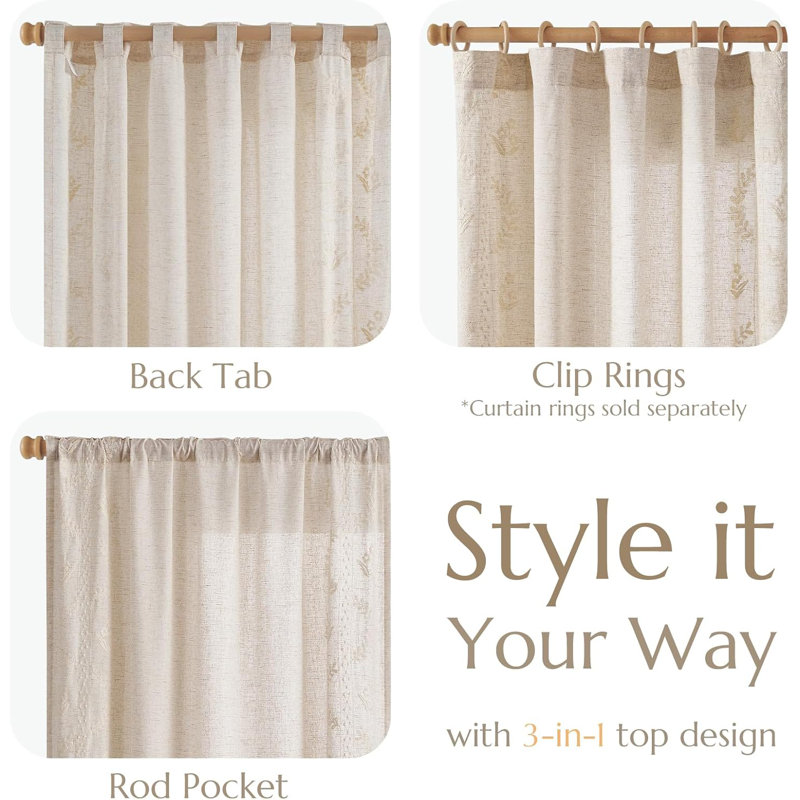 Linen Blend Embroidered Curtains Farmhouse Flower Patterned Curtains for Bedroom, Ivory, 50" W x 84" L