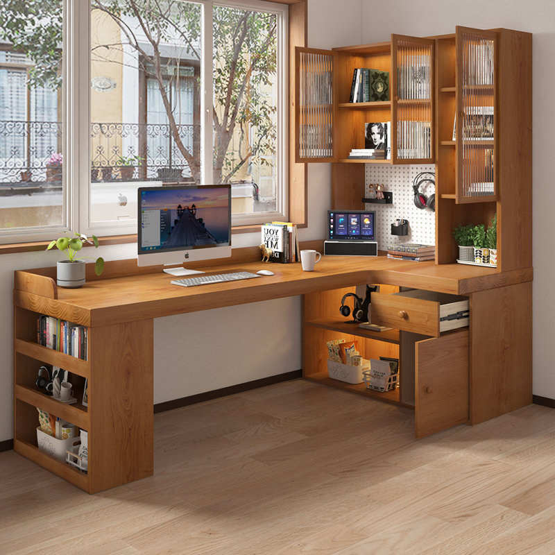 Bureau d'écriture brun en L en bois massif avec 1 tiroir, Retour à droite, H 72,83 po x l 86,61 po x P 47,24 po