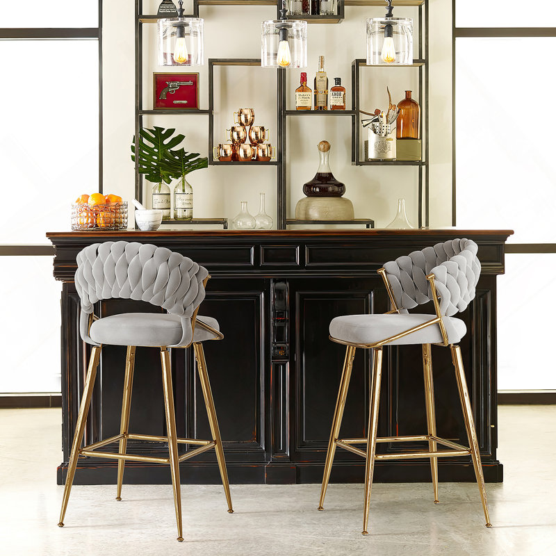25.2 Inch Modern Velvet Counter Stool With Gold Accents, Ergonomic Design & Plush Seat For Kitchen Island & Bar, Grey
