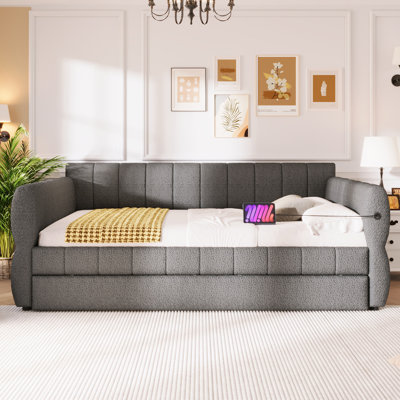 Queen Size Upholstered Platform Bed with USB Ports & Trundle – White Storage Guest Bed for Modern Bedrooms