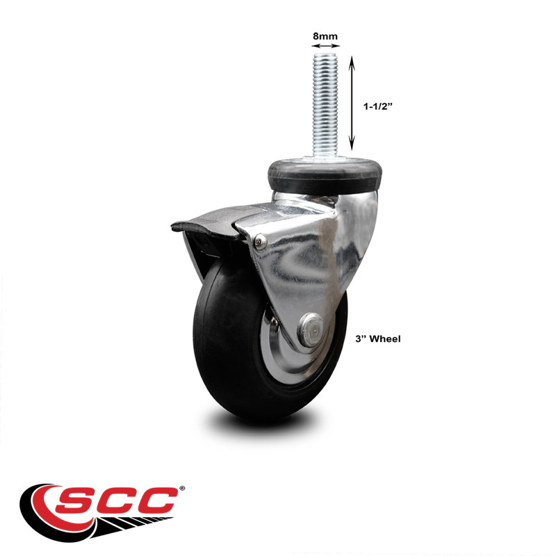 3 Inch Chrome Hooded Neoprene Rubber 8mm Threaded Stem Caster with Brake SCC