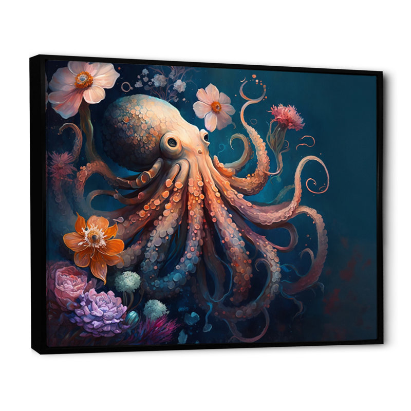 Pieuvre dans l'océan avec fleurs I - art mural bord de mer, H 16 po x l 32 po x P 1 po, Cadre flottant noir