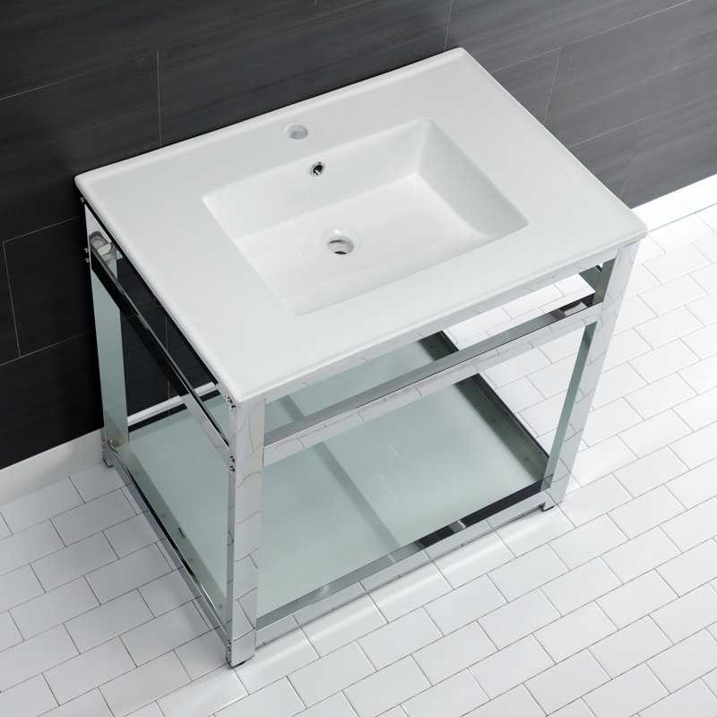 Kingston Brass Quadras 31-Inch Ceramic Console Sink with Steel Base and Glass Shelf, White/Chrome, Single