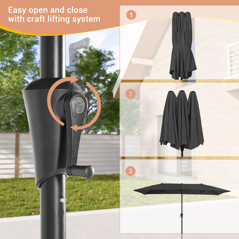Parasol pour patio 13 x 7,2 pi avec double auvent, Noir, noir, noir, noir