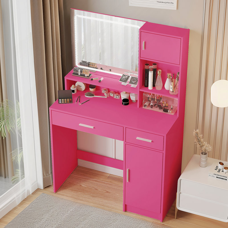 Vanity Desk With Mirror And LED Light Strip, Dressing Table With Drawer For Bedroom, Rose Pink