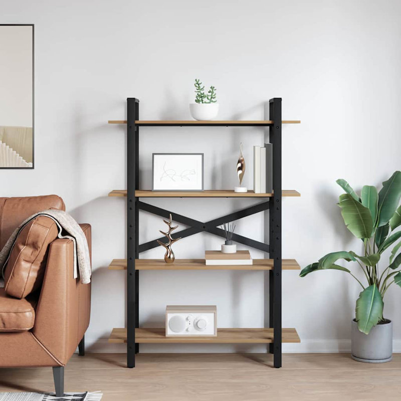 100cm W Steel Etagere Bookcase, (4 Shelves) 140cm. H x 100cm. W x 33.5cm. D, Artisan Oak