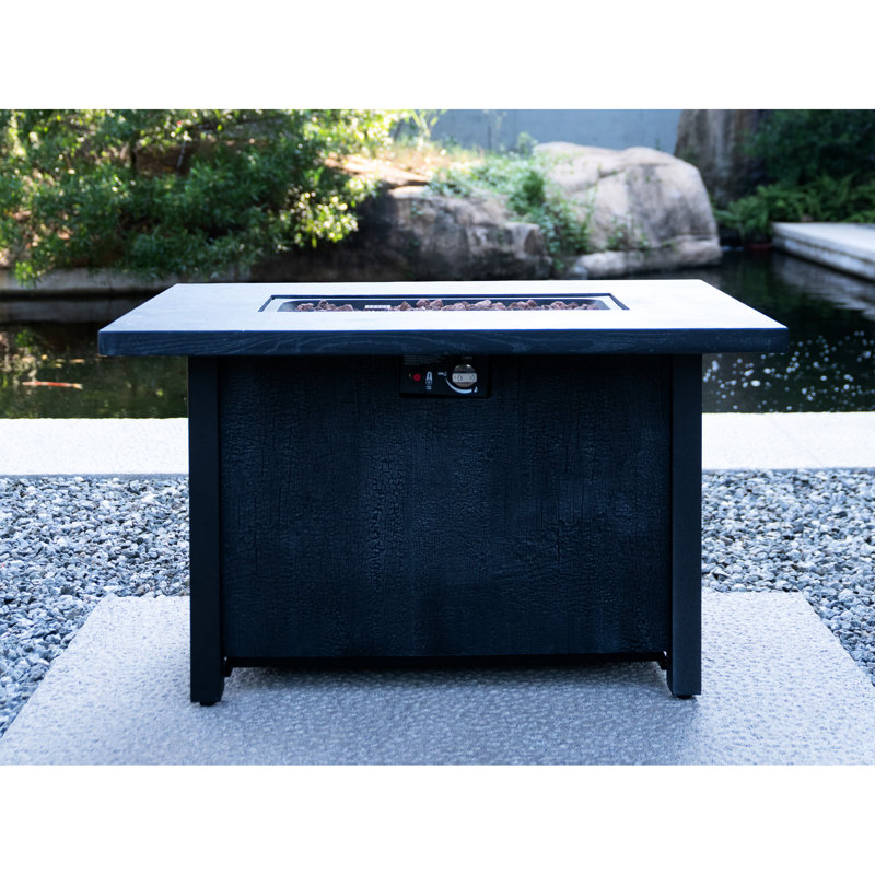 50000btu Outdoor Heater Patio Fireplace Table, 43.7" Square, Fiberglass & Iron, High Temperature Tolerant, Rust-, Long Lasting, Charcoal Grain Texture, Black, American Traditional Style 50,000 Fire