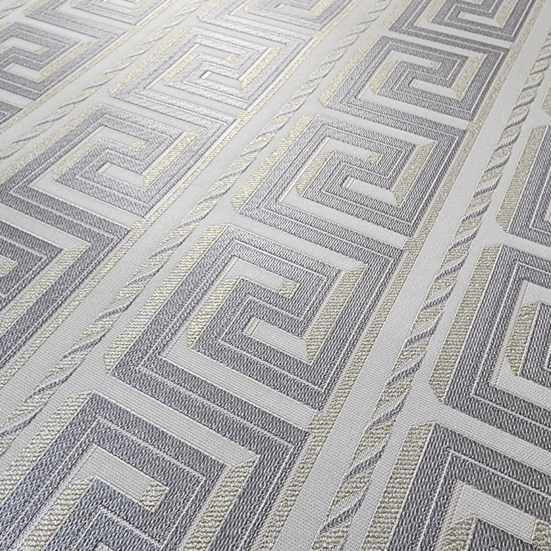 Papier peint rayé texturé à motif de clé grecque beige et or gris