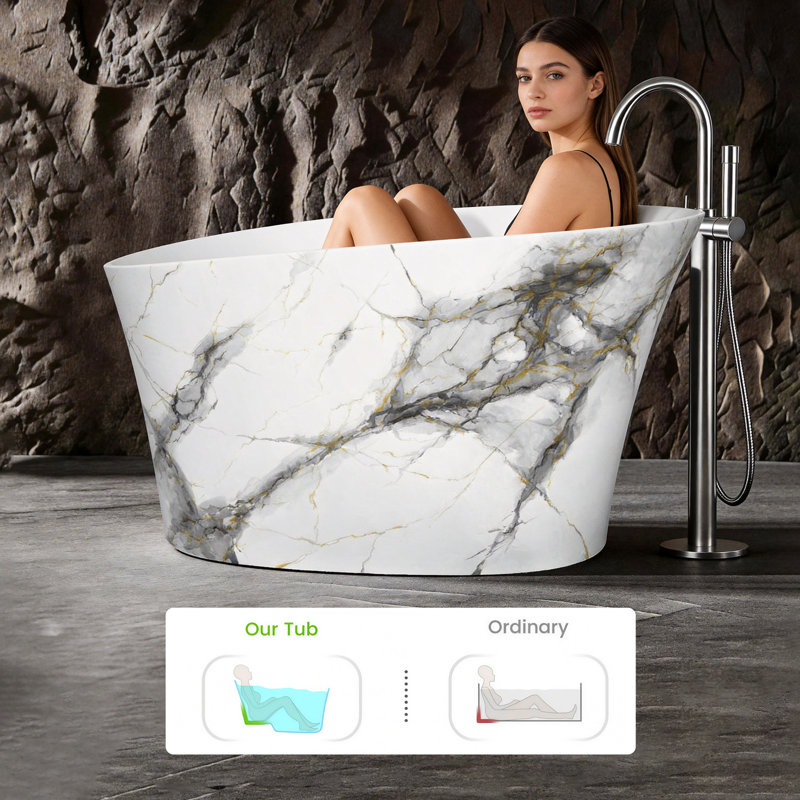 51" Freestanding Soaking Tub, Solid Surface Bathtub, Japanese Soaking Tub with Seat