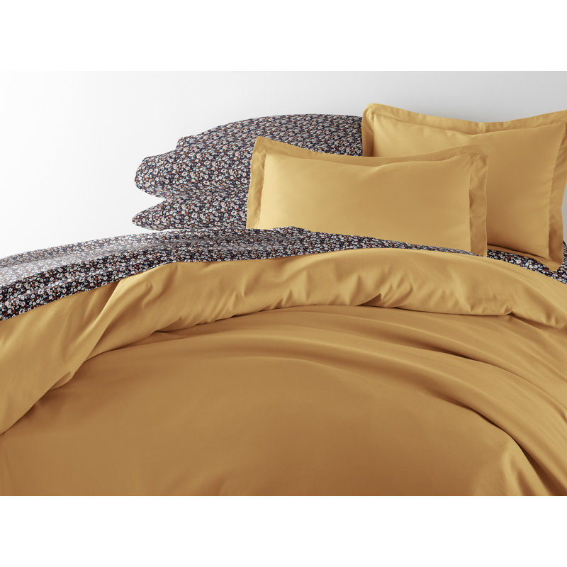 8-Piece Bedding Bundle - Solid Duvet Cover, Comforter Insert, and Patterned Sheet Set, Gold Floral, King Bedding Bundle