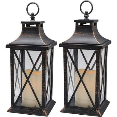 14" Decorative Candle Lantern LED Flameless Candle Timer, Plastic LED Candle & Holder, Indoor & Outdoor Hanging Lights,Christmas Day Decoration (Antique Copper Brushed 2 PCS)