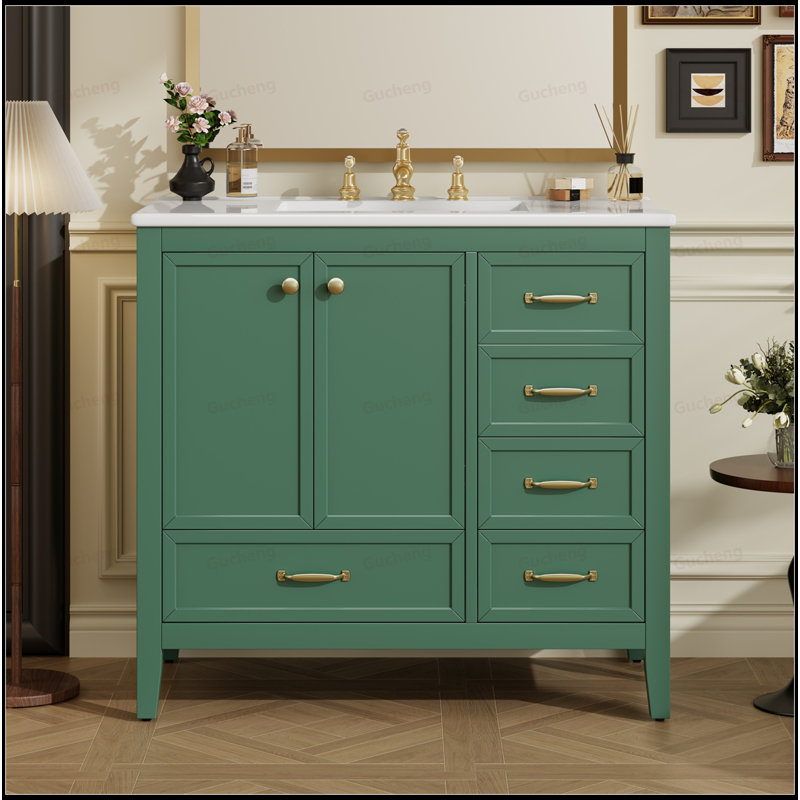 36"Solid Wood Frame Bathroom Vanity With 4 Drawers, Green