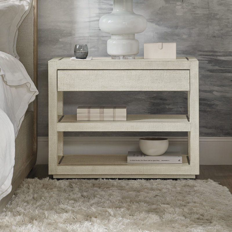 Transitional Cream Lacquered Burlap 1-Drawer Nightstand