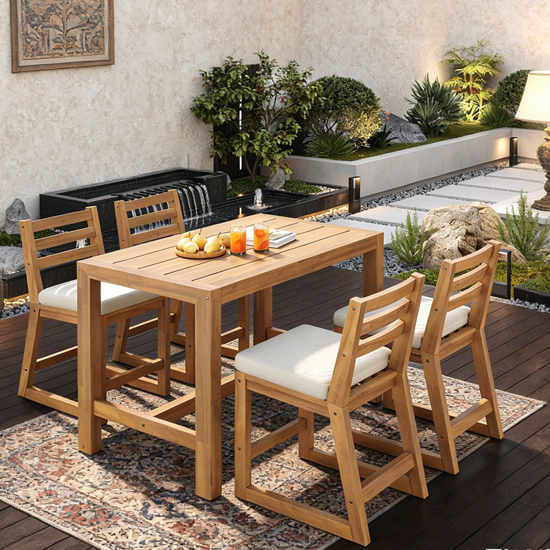 Ensemble de bar rustique 5 pièces avec chaises ergonomiques et plateau en lattes de bois massif pour les repas à l'extérieur et les petits espaces