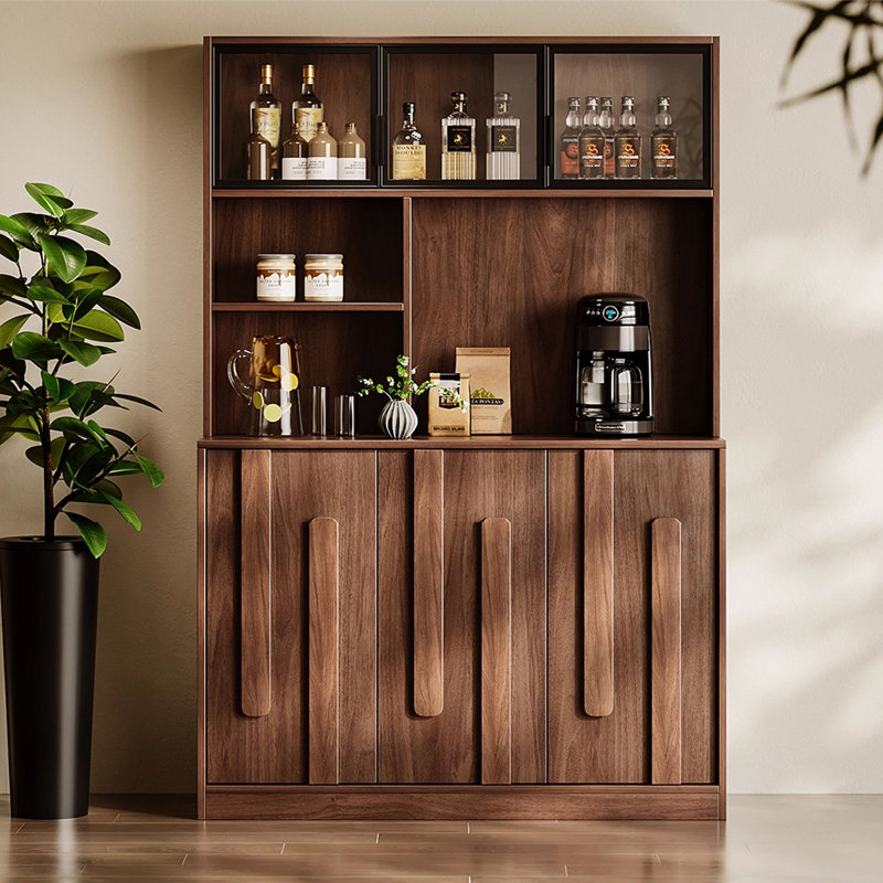 55.12" Walnut Finish Pine Sideboard, Glass Wine Cabinet & Tea Cabinet for Living Room