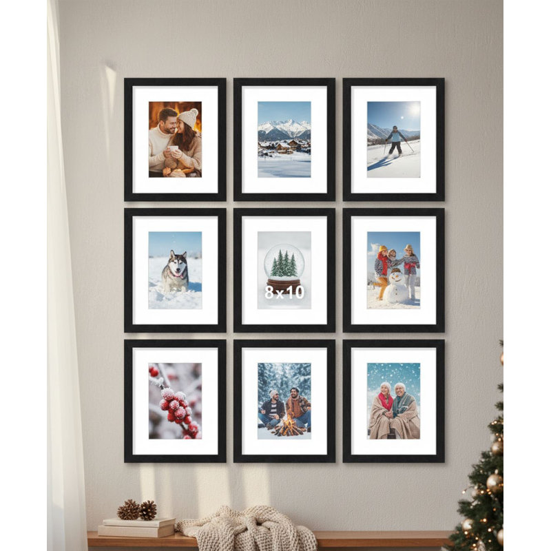Ensemble de 9 cadres photo 8 x 10 avec plexiglas incassable - Présentoir 5 x 7 avec passe-partout ou 8 x 10 sans passe-partout, cadres en bois d'ingénierie pour mur ou plateau de table