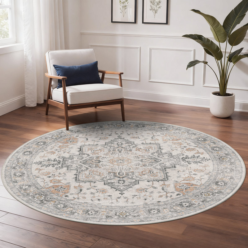 Roehit Oriental Performance Machine Washable Area Rug, Round 5', Light Taupe Brown