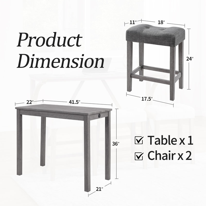 Ensemble de table bistro à hauteur de comptoir moderne 41,5 po avec tabourets sans port USB, Gris