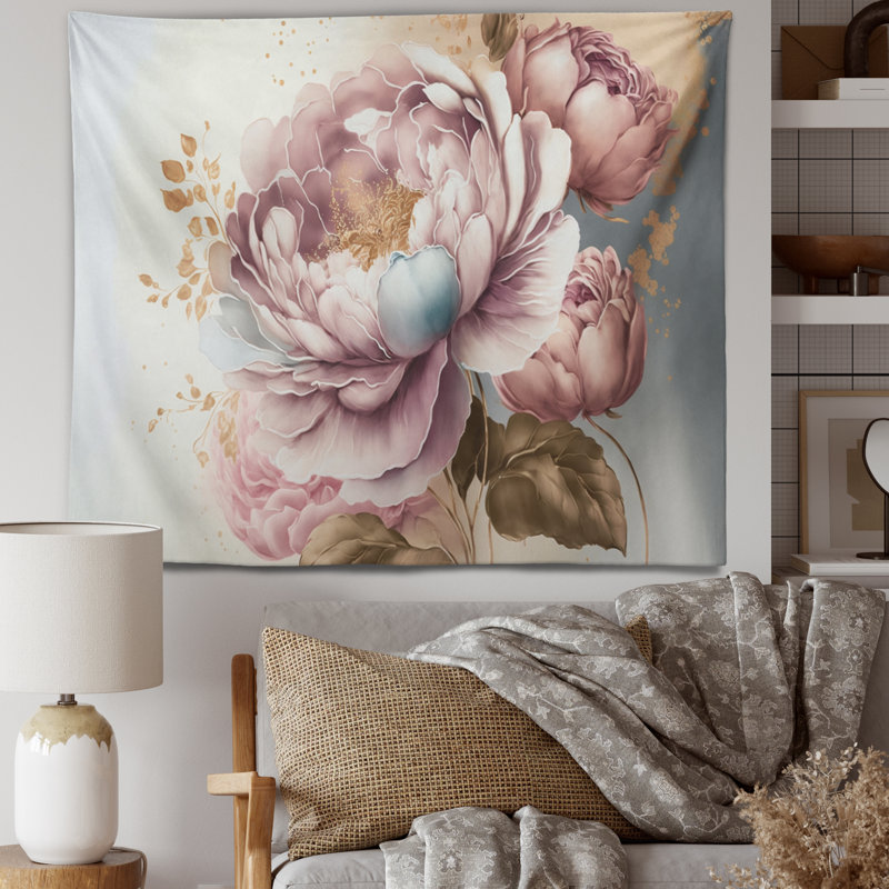 Pink And Gold Rose II Polyester Tapestry, 32" H x 39" W