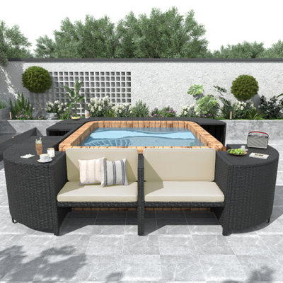 Spa Surround Quadrilateral Outdoor Rattan Sectional Sofa Set - Features Mini Sofa, Wooden Seats & Storage
