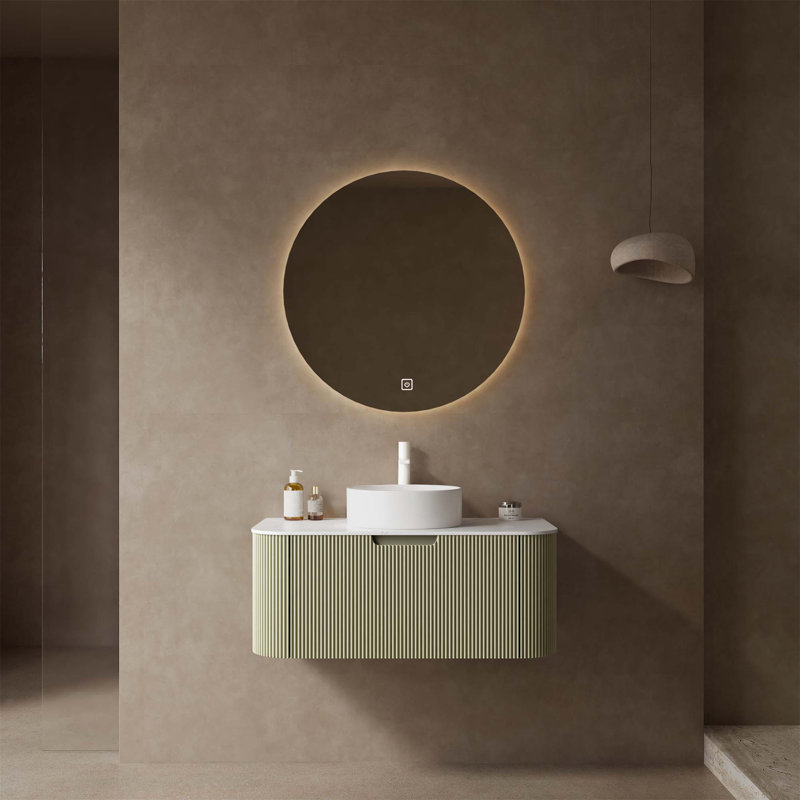 Bathroom Vanity With Sink, Modern Wall-Mounted Floating Curved Edges Striped Bathroom Storage Cabinet With A Drawer Round Ceramic Basin Without Faucet, Pre-Assembled