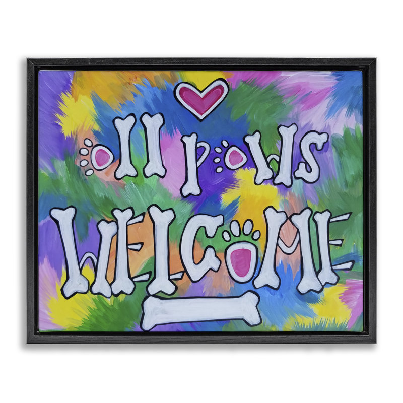 «All Paws Welcome», art mural encadré sur toile flottante, par Nettie Price, H 25 po x l 31 po, Cadre flottant noir de jais