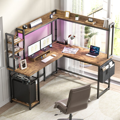 Bianco L-Shaped Desk with Hutch & Power Outlet, Gaming Desk Corner Computer Desk with Led Lights