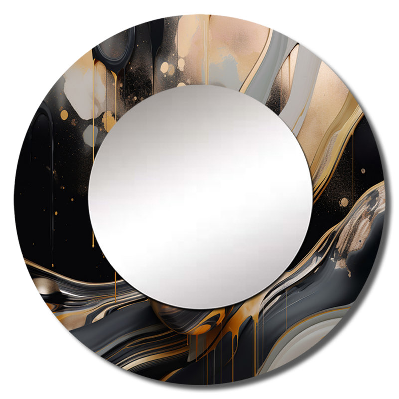 Portie doré et noir marbré Euphoria II - miroir décoratif en marbre, miroir mural rond moderne, impression d'art en métal