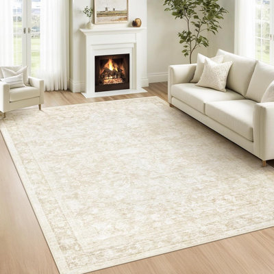 Area Rugs For Living Room: Washable Vintage Floral Rug Low Pile Non-Slip Boho Carpet For Bedroom Nursery Dining Room (Beige, 5'X7')