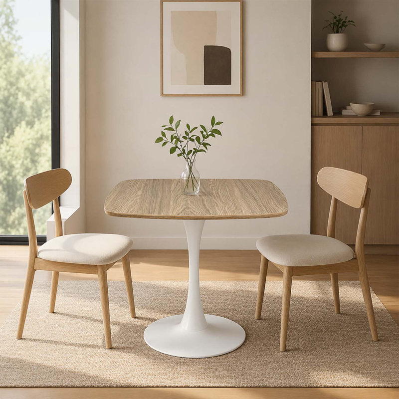 Table de salle à manger carrée compacte de style Mid-Century moderne avec plateau en panneau de fibres à densité moyenne et base en métal blanc mat, parfaite pour les petits espaces et les bistro