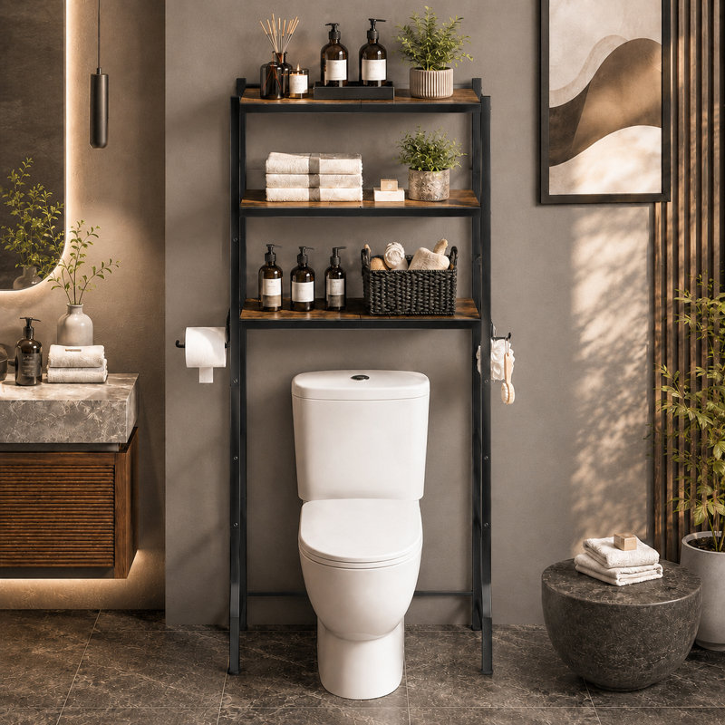 Over The Toilet Storage Rack - Freestanding Over The Toilet Storage Cabinet with Paper Holder & Hooks, Bathroom Organizers and Storage, Brown + Black, 3 Tiers (61" H)