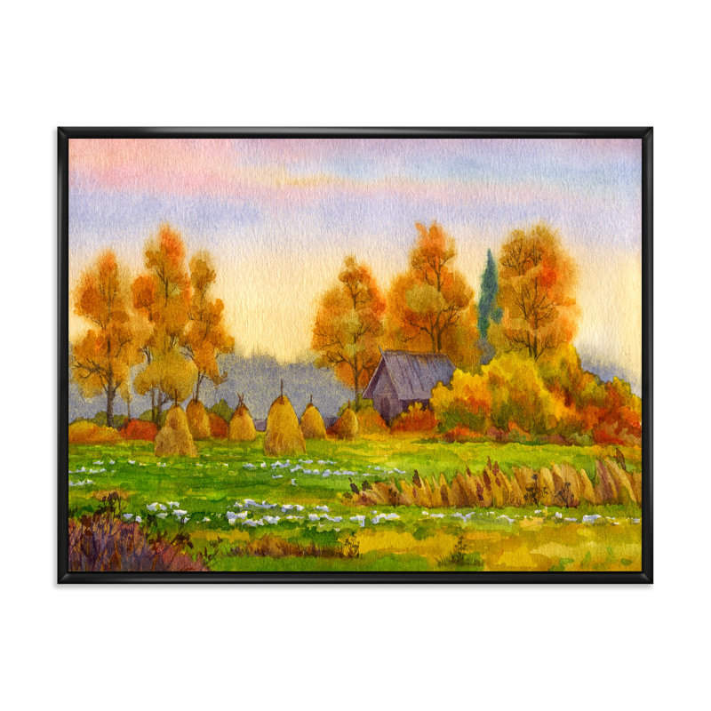 Haystacks on Orange Fields I - Peinture sur toile, Toile avec cadre noir, H 12 po x l 20 po x p 1 po