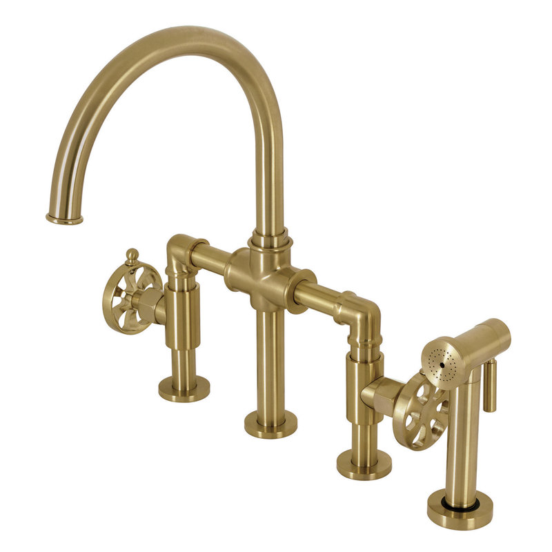 Kingston Brass Two-Handle 4-Hole Deck Mount Industrial Style Bridge Kitchen Faucet with Brass Side Sprayer, Brushed Brass
