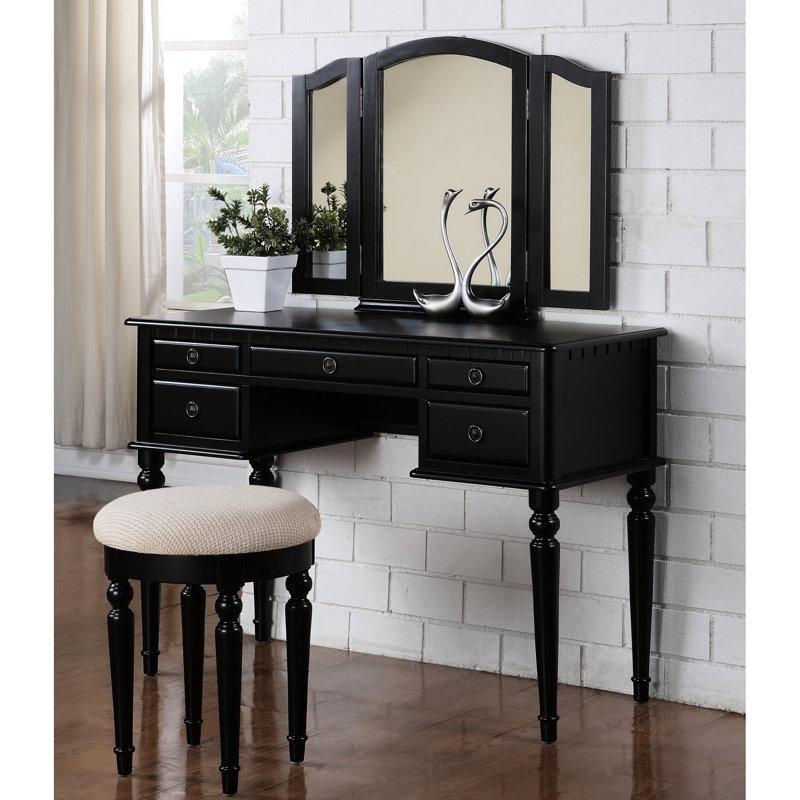 Black Color Bedroom Vanity With Stool And Birch Veneer - Elegant Style In Foldable Mirror Classic Design