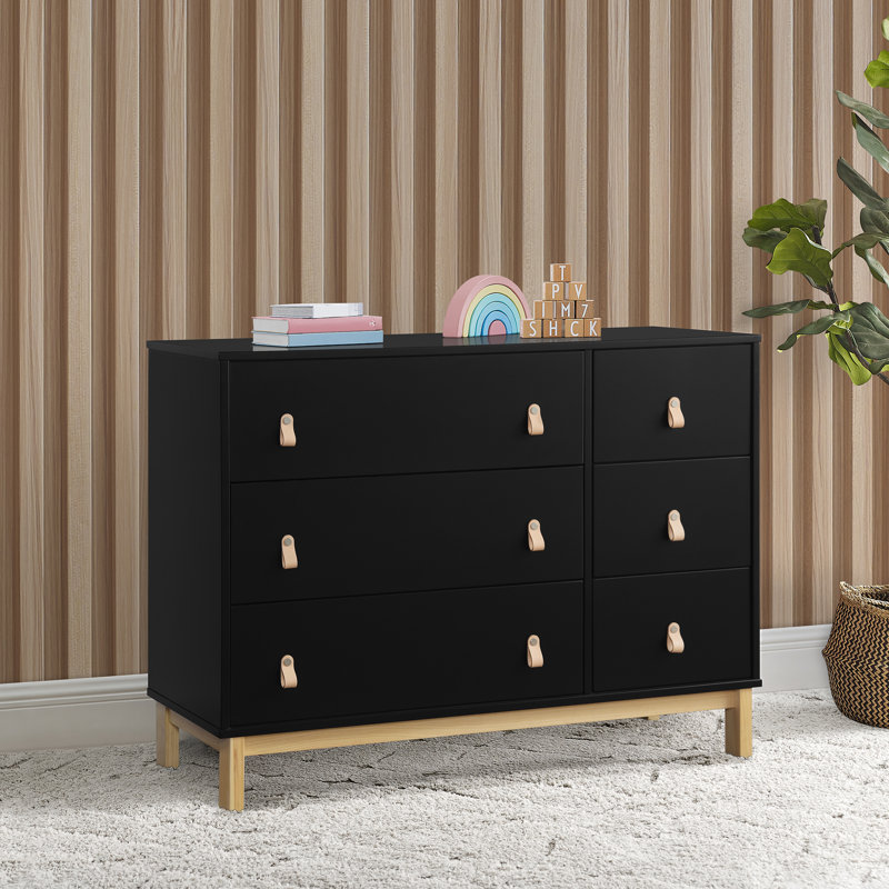 Legacy 6 Drawer Dresser with Leather Pulls and Interlocking Drawers, Black/Natural