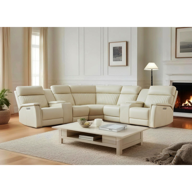 7-Piece, 2 Power Recliners Leather Reclining Sectional, Power Headrest & Lumbar, Cream Genuine Leather/Leather, Power - Dial