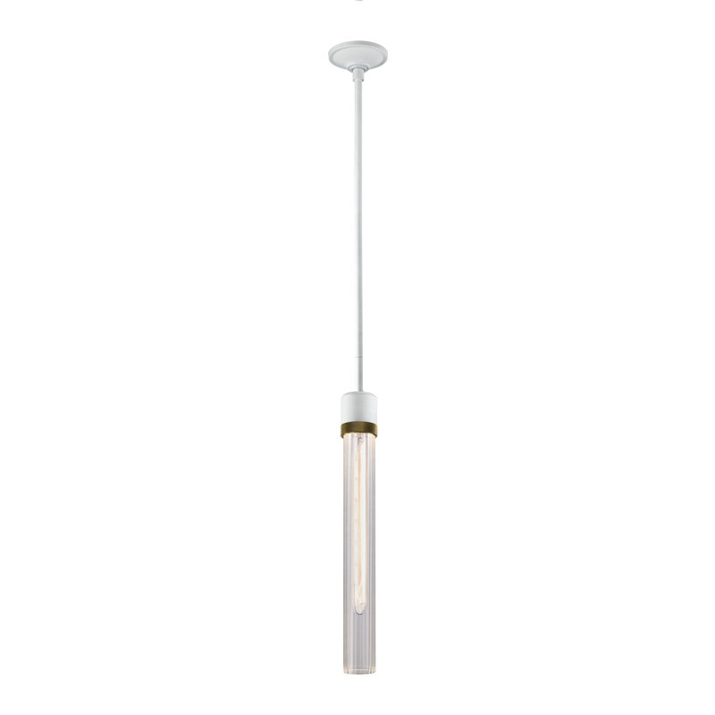 3" E26 Cylindrical Pendant Light, 18" Fluted Glass, 71.13" H x 2.75" W x 2.75" D, Matte White/Aged Brass