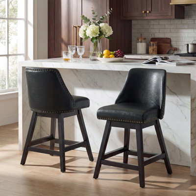Ensemble de 3 tabourets de bar pivotants, chaises de bar modernes de 66 cm (26 po) de hauteur comptoir, rembourrées, avec pieds en bois massif et garniture cloutée pour îlot de cuisine