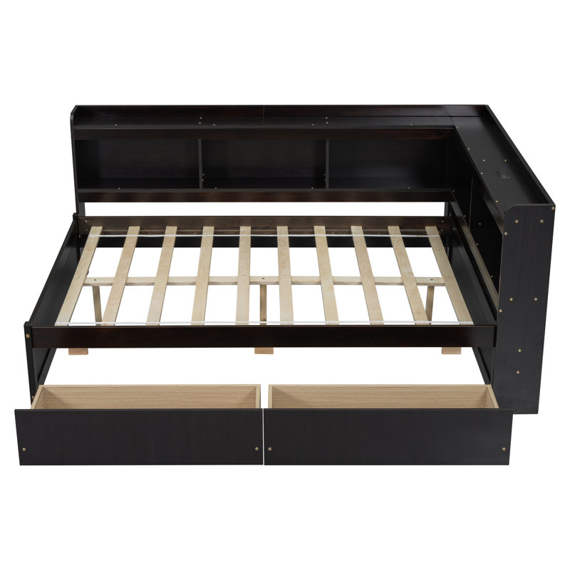 Full Size L-shaped Bookcases Bed with Power Outlets, USB Charging Ports,Two Drawers,Tan, Tan, Full