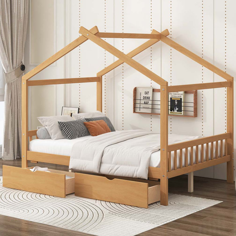 House Platform Bed with Two Drawers, Natural