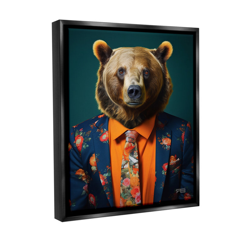 «Bear In Floral suit Floater Frame» par RB sur toile, Cadre flottant noir de jais, H 21 po x l 17 po