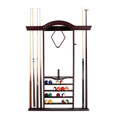 American Heritage Wall Pool Cue Rack - Holds 7 Cues, Swing-Open Top with Bridge & Short Cue Clip, Ball Storage, Durable Wood Construction, Cherry Finish
